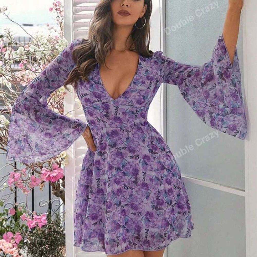 SHEIN Purple Floral Bell Sleeve Sundress